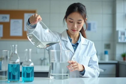 Jeune femme en blouse blanche versant de l'eau d'un bécher gradué dans un récipient d'un litre dans un laboratoire moderne, illustrant la conversion cm3 en litres