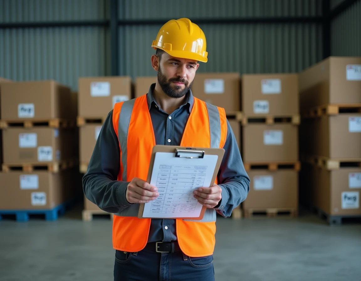 Magasinier consultant un tableau de conversion kg en tonnes dans un entrepôt industriel avec des palettes chargées
