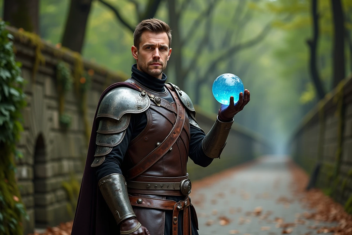 Cosplayer en armure de héros fantastique tenant un orbe magique dans un parc urbain avec murs de pierre envahis de lierre