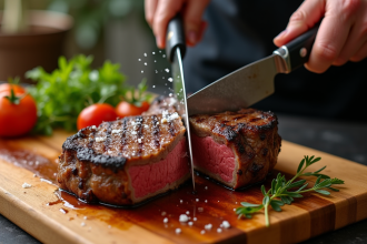 Côte de boeuf grillée sur planche en bois avec herbes
