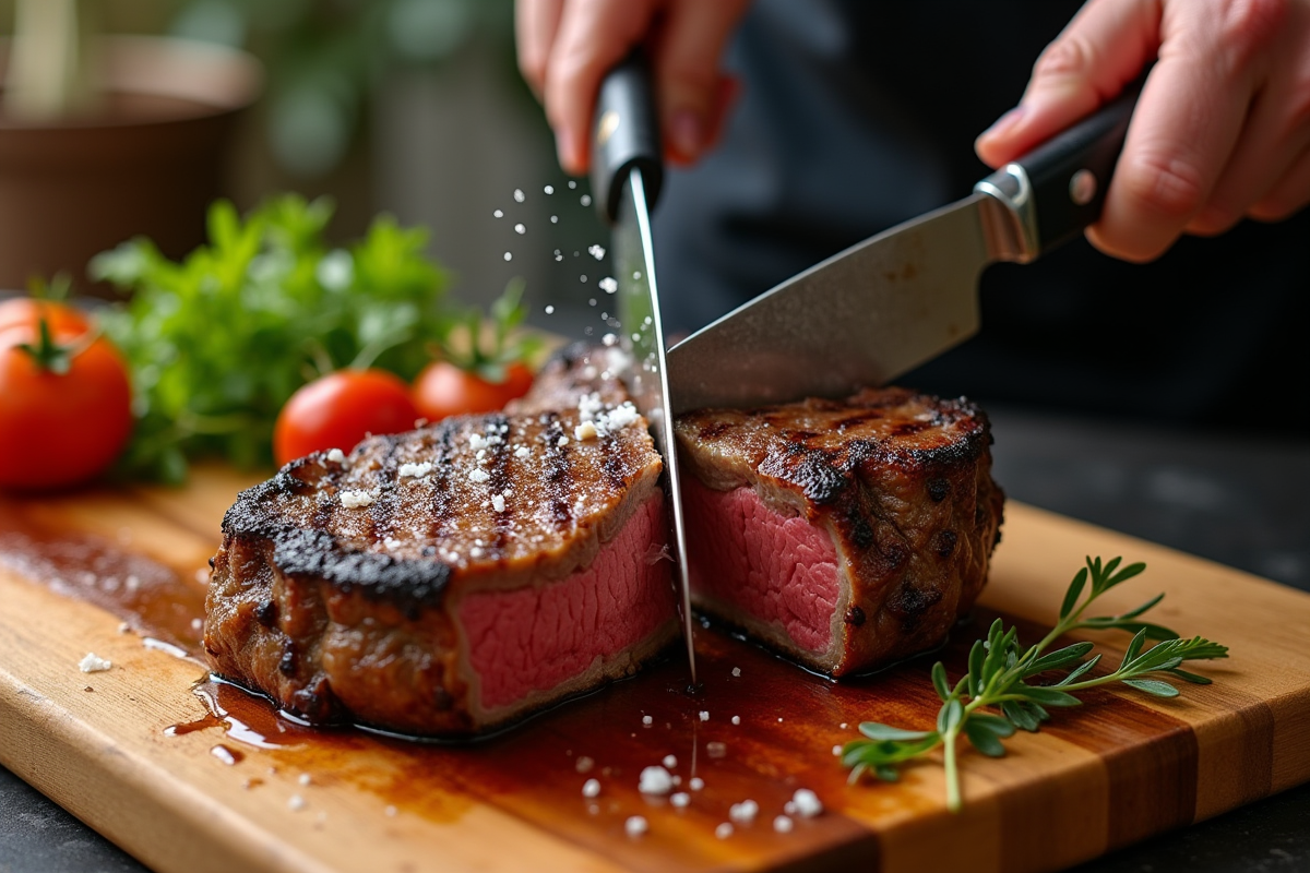 Côte de boeuf grillée sur planche en bois avec herbes