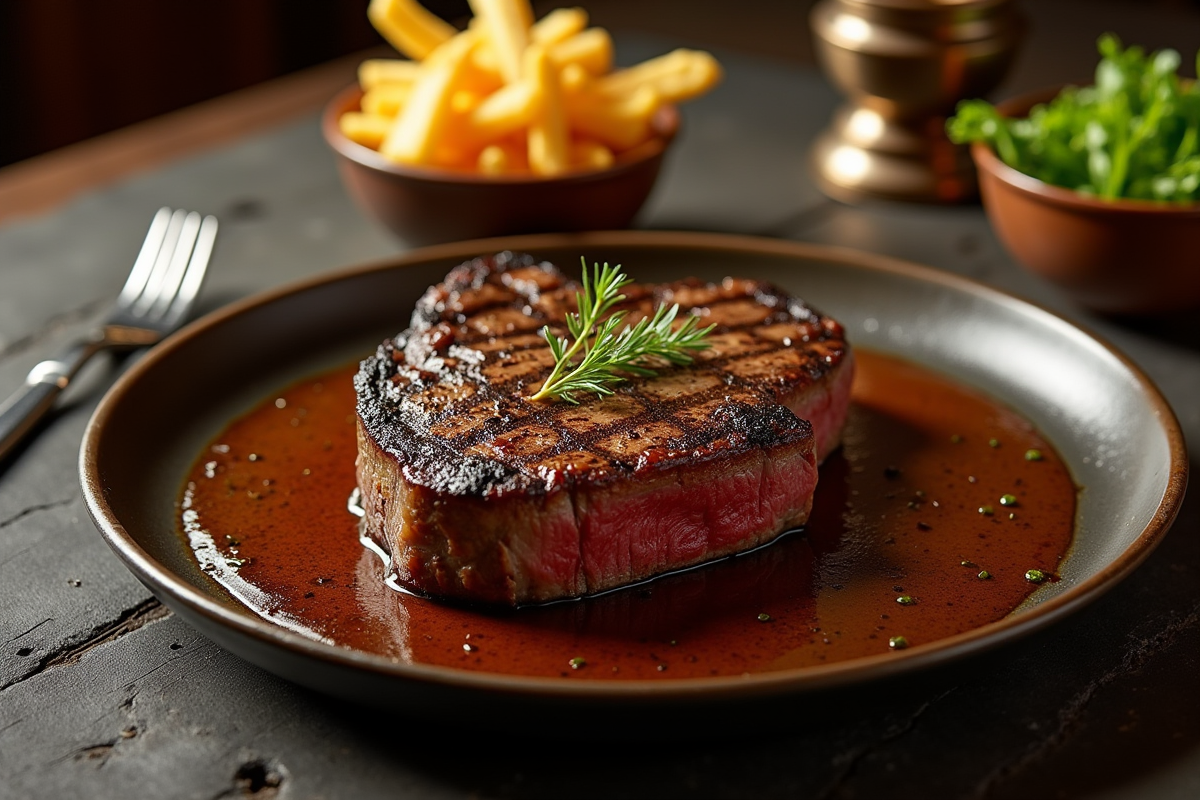 Côte de boeuf servie avec frites et salade verte