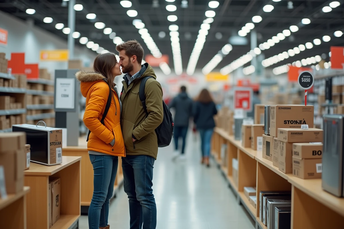 Jeune couple examinant des appareils &eacute;lectroniques &agrave; Stokea