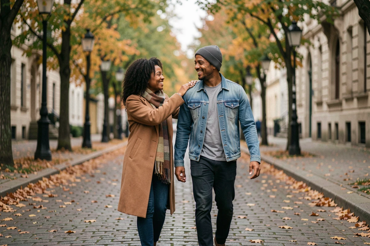 Couple heureux se promenant dans une rue pavée en automne en partageant une blague complice