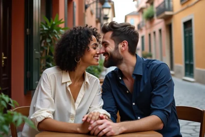Couple romantique à une terrasse de café se murmurant des mots d'amour en espagnol