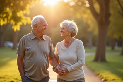 Couple de seniors se tenant la main dans un parc ensoleille