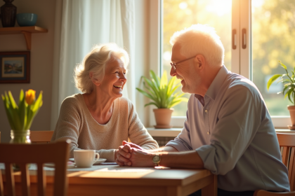 Couple agee tenant la main et riant dans la cuisine lumineuse