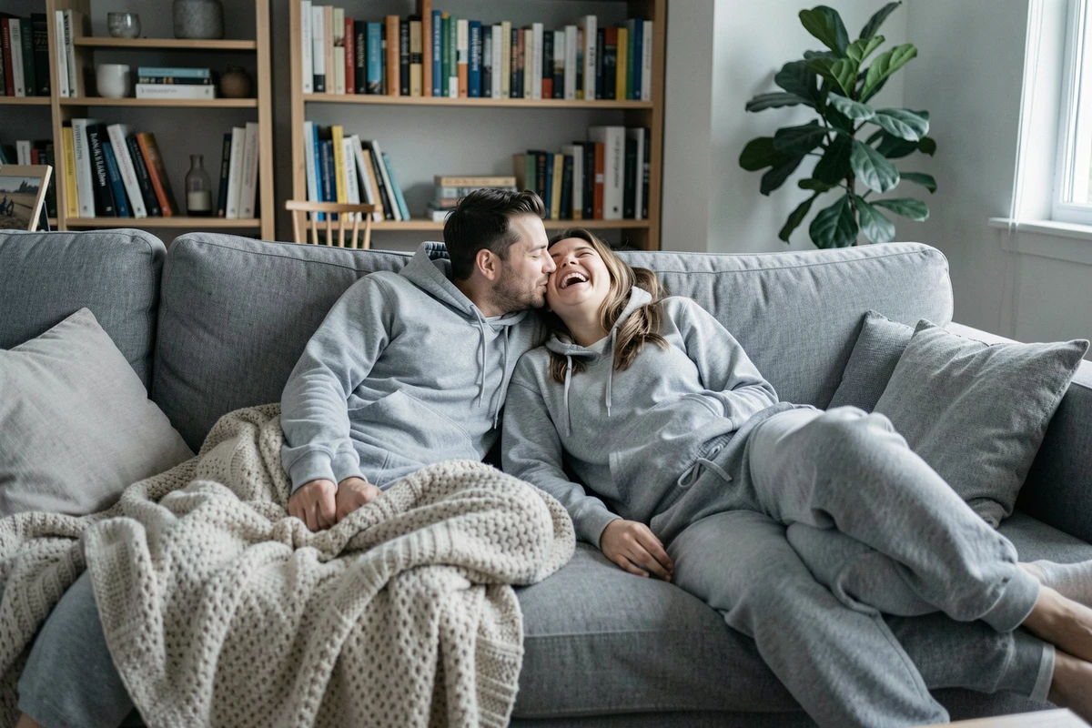 Couple détendu sur un canapé partageant une blague avec fous rires et complicité amoureuse