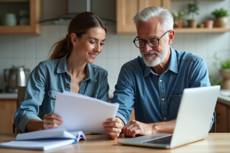 Une femme d'âge moyen et un homme âgé lisant des brochures d'assurance à la maison