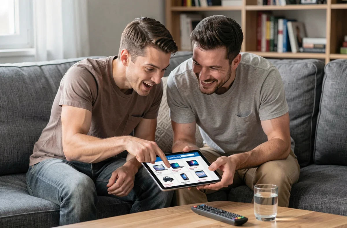 Couple parcourant les offres Cyber Monday high-tech sur une tablette dans leur salon moderne et cosy