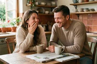 Couple complice qui rit ensemble autour d'un café dans une cuisine chaleureuse le week-end