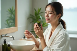 Femme appliquant une crème anti-âge au goémon marin sur son visage, avec des algues fraîches posées sur une coiffeuse en bois naturel