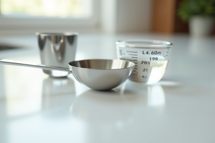 Cuillère en inox remplie d'eau avec un verre doseur à côté