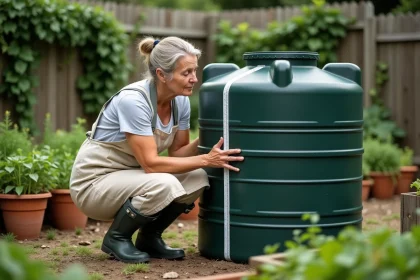 Femme mesurant le volume d'une cuve de récupération d'eau en mètres cube dans son jardin potager pour optimiser l'arrosage