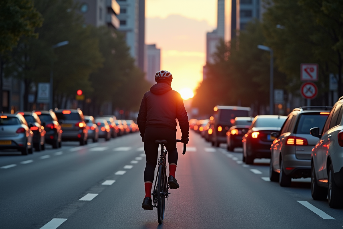 Cycliste dans une rue urbaine au crépuscule dynamique