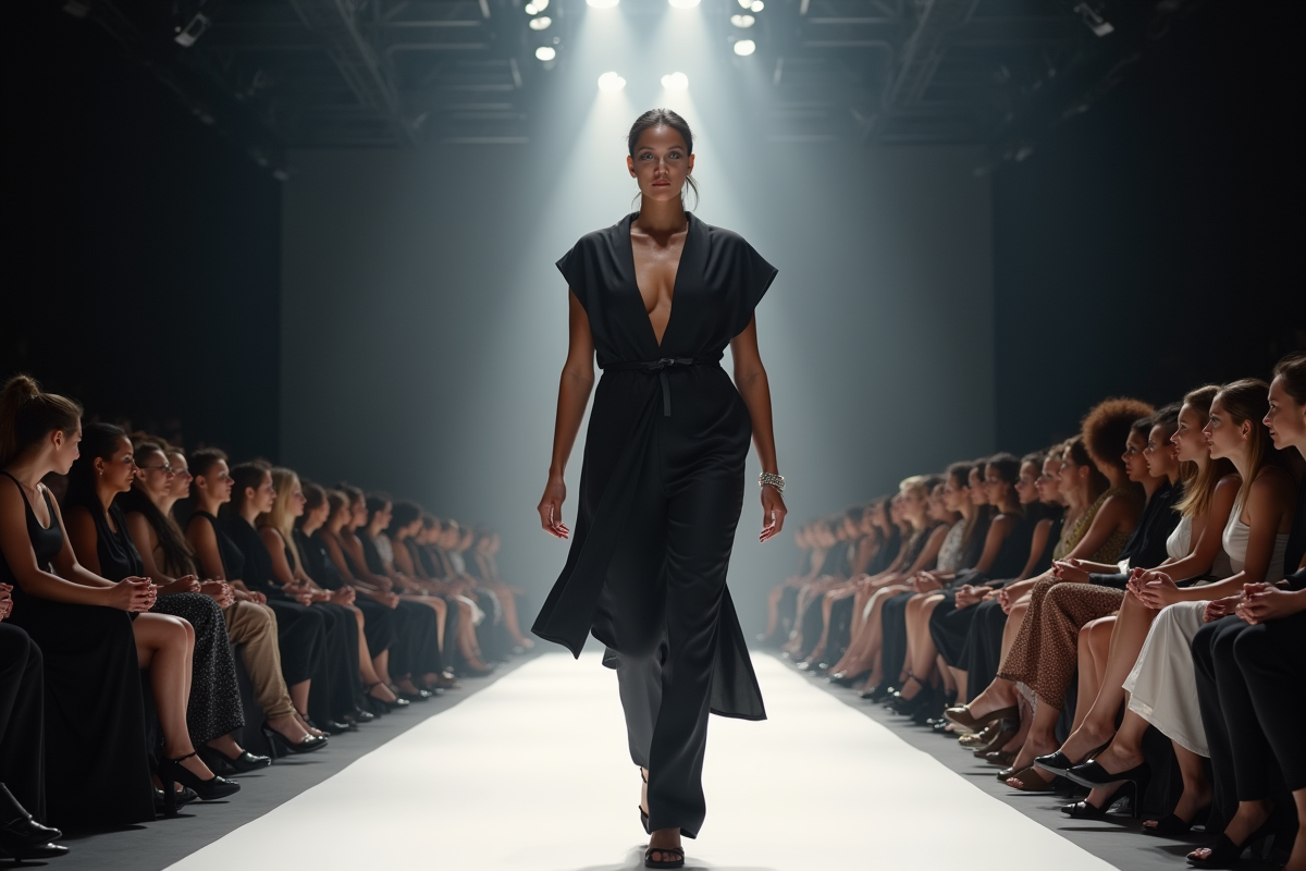 Fashion designer sur un podium backstage avant un défilé