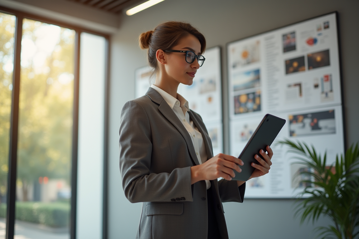 Designer confiant tenant une tablette devant mur d affiches