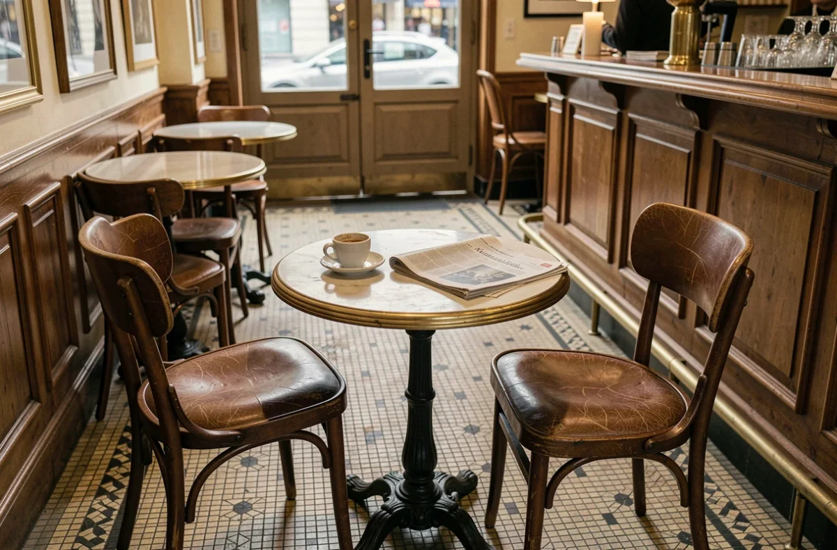 Deux chaises vides face à face dans une brasserie parisienne, tasse d'espresso et journal sur la table, atmosphère de conversation interrompue