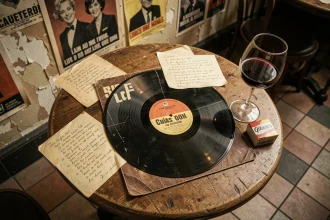 Disque vinyle de chanson française posé sur une table de café parisien entouré de notes de paroles manuscrites, évoquant l'univers de Renaud et la chanson Lola