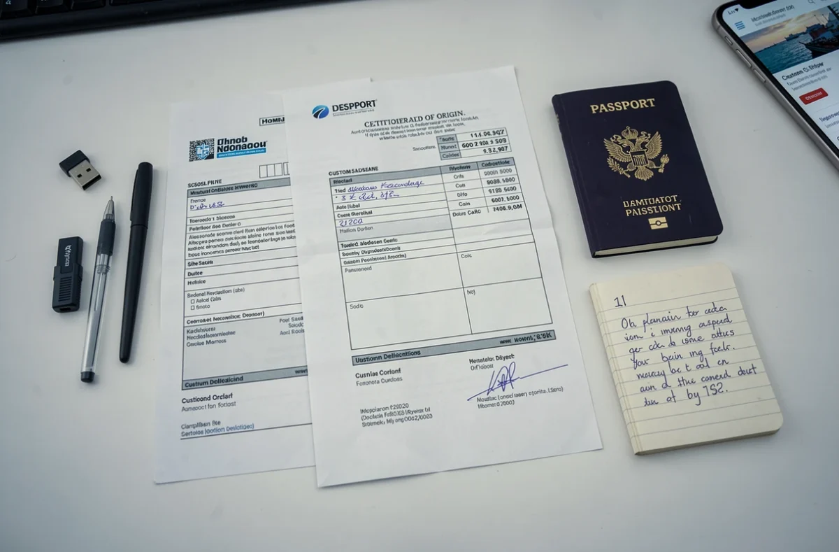 Vue aérienne de documents nécessaires pour une saisie express sur ProDouane disposés sur un bureau