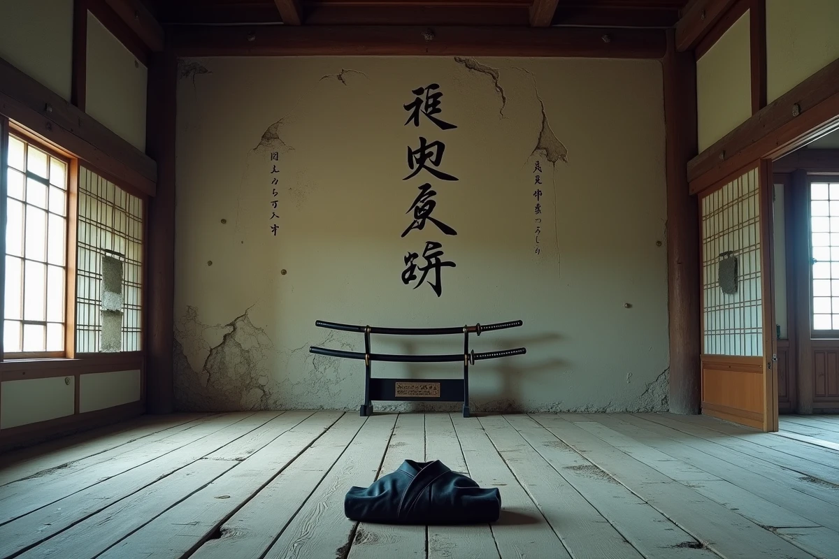 Intérieur d'un ancien dojo japonais abandonné avec un kimono sombre plié au sol, symbole du code d'honneur et de la mort d'un démon d'élite comme Akaza