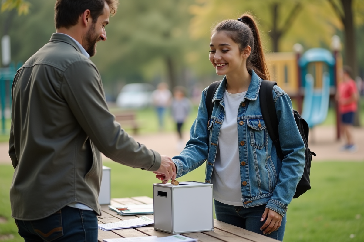 Jeune femme donnant des pièces à une caisse dans un parc