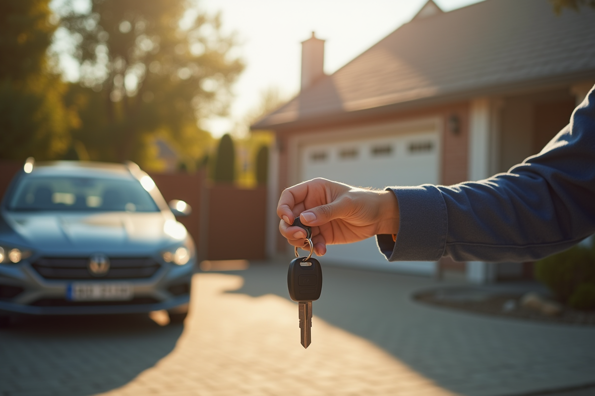Une personne remet les clés à un acheteur souriant devant une voiture familiale