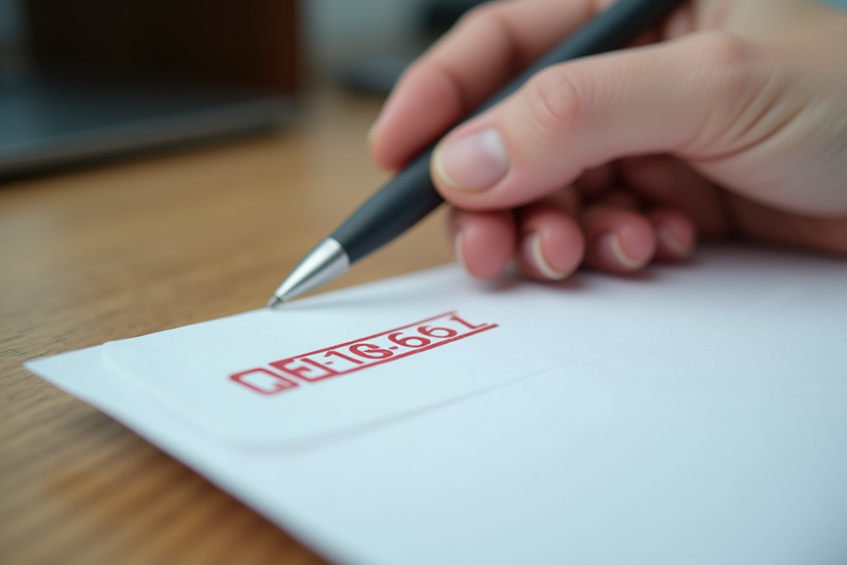 Main écrivant un code postal québecois sur une enveloppe blanche