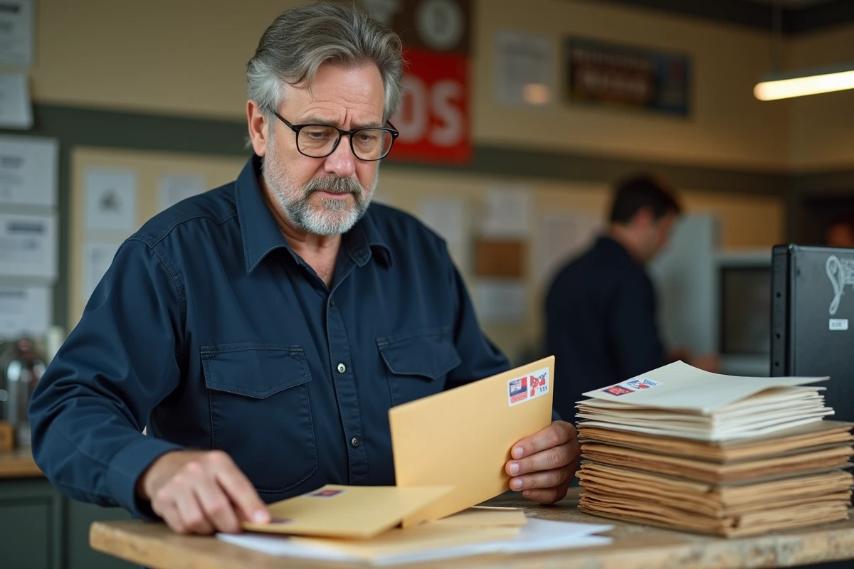 Facteur triant des enveloppes avec timbres collés dans le coin en haut à droite dans un bureau de poste