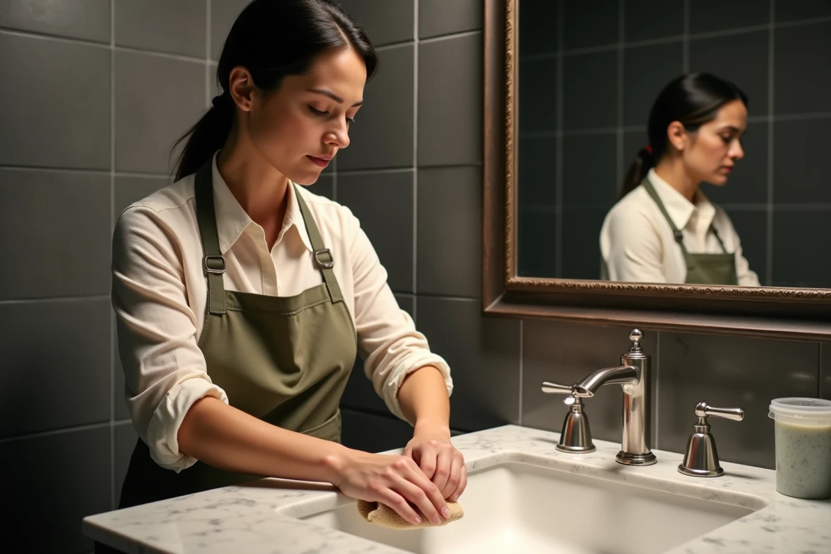 Femme entretenant un plan de salle de bain en marbre avec un produit cirant naturel, illustration du soin quotidien du marbre