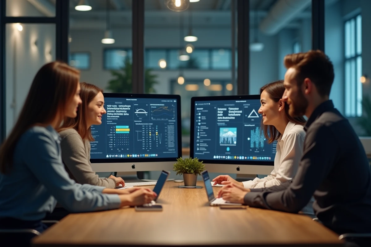 Groupe de modérateurs sociaux au travail dans un bureau moderne