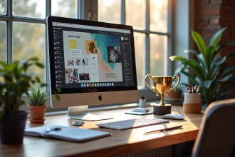 Espace de travail moderne avec ordinateur design et trophée doré
