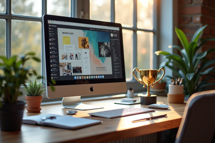 Espace de travail moderne avec ordinateur design et trophée doré
