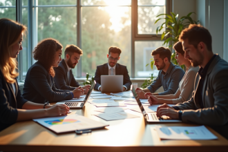 Espace de travail moderne avec équipe diverse en réunion