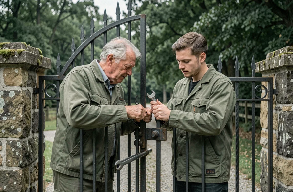 Deux serruriers d'Ets Leroy Père et Fils à Rambouillet travaillant ensemble sur un portail en fer forgé en milieu rural