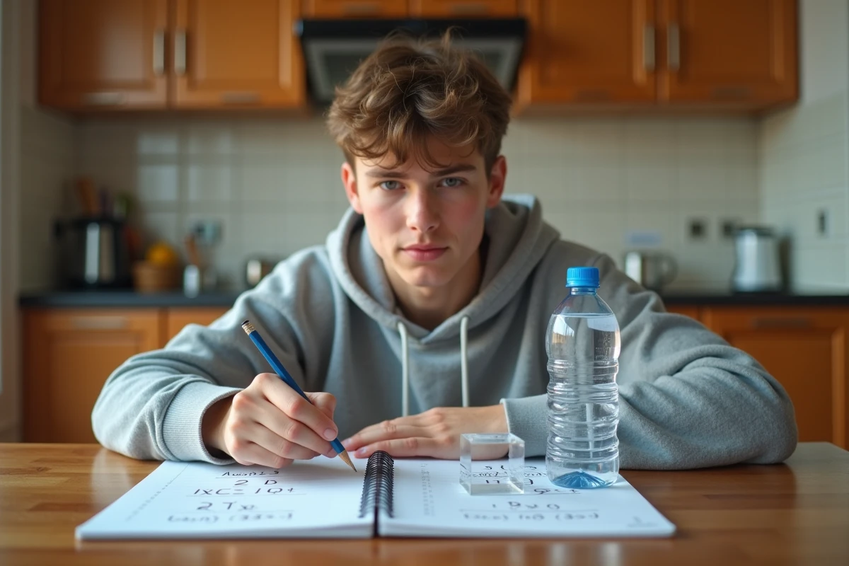Adolescent étudiant assis à une table de cuisine comparant un cube acrylique de 1000 cm3 et une bouteille d'un litre pour comprendre la conversion cm3 en litres