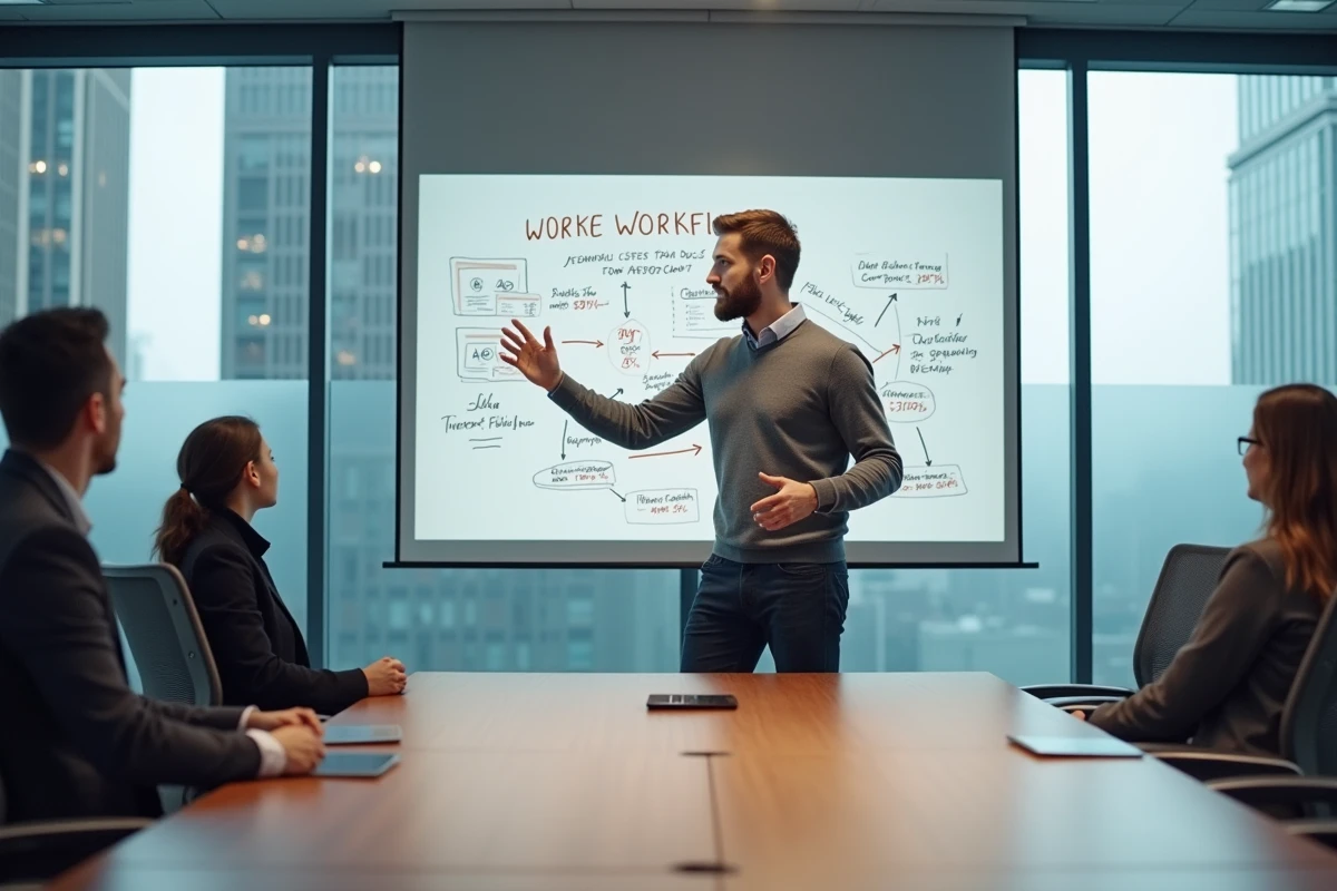 Professionnel présentant l'évolution des métiers intermédiaires devant un tableau blanc dans une salle de réunion