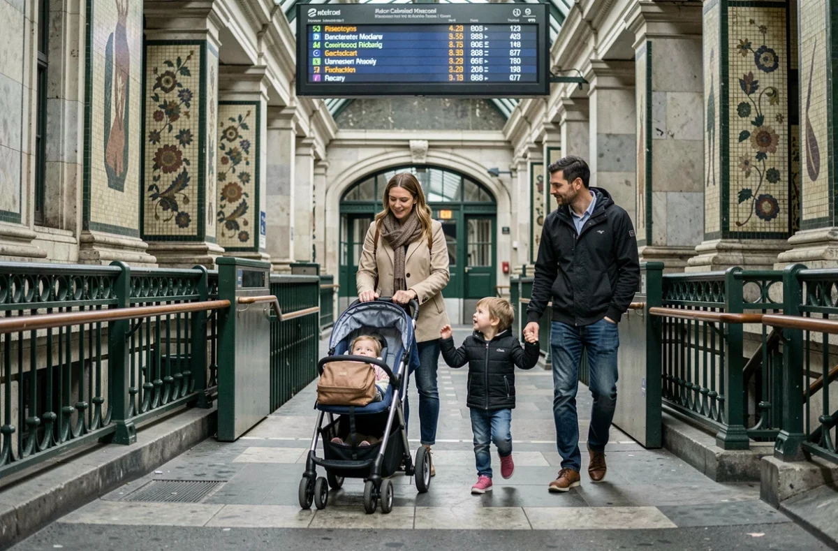 Famille avec poussette passant par un portillon accessible à l'entrée d'une station de métro parisienne