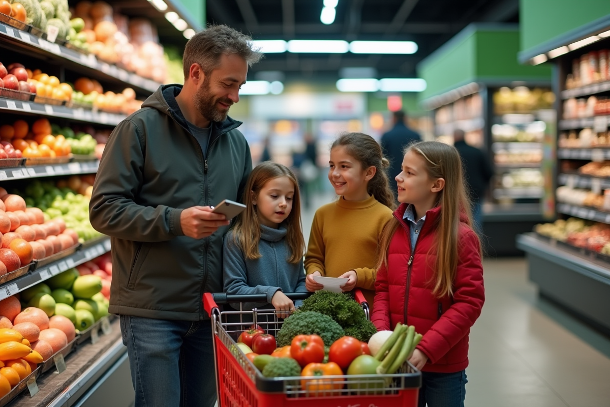 Famille faisant ses courses dans un supermarché