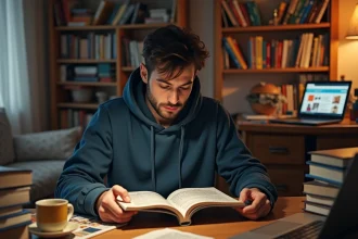 Jeune homme francophone lisant un manga en français sur un bureau encombré entouré de volumes empilés et d'un laptop affichant un site de lecture de manga