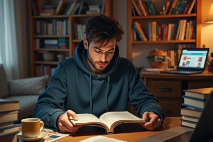Jeune homme francophone lisant un manga en français sur un bureau encombré entouré de volumes empilés et d'un laptop affichant un site de lecture de manga