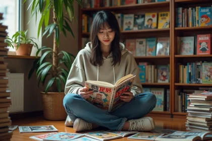 Jeune femme lisant un manga dans une librairie cosy entourée de volumes empilés, illustrant la passion des fans pour les scantrad de manga comme Epsilon