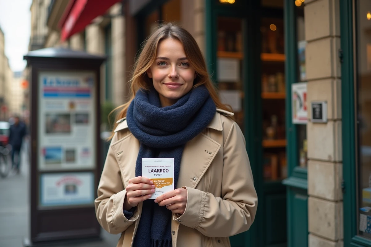 Jeune femme achetant un sachet de tabac devant un bureau de tabac