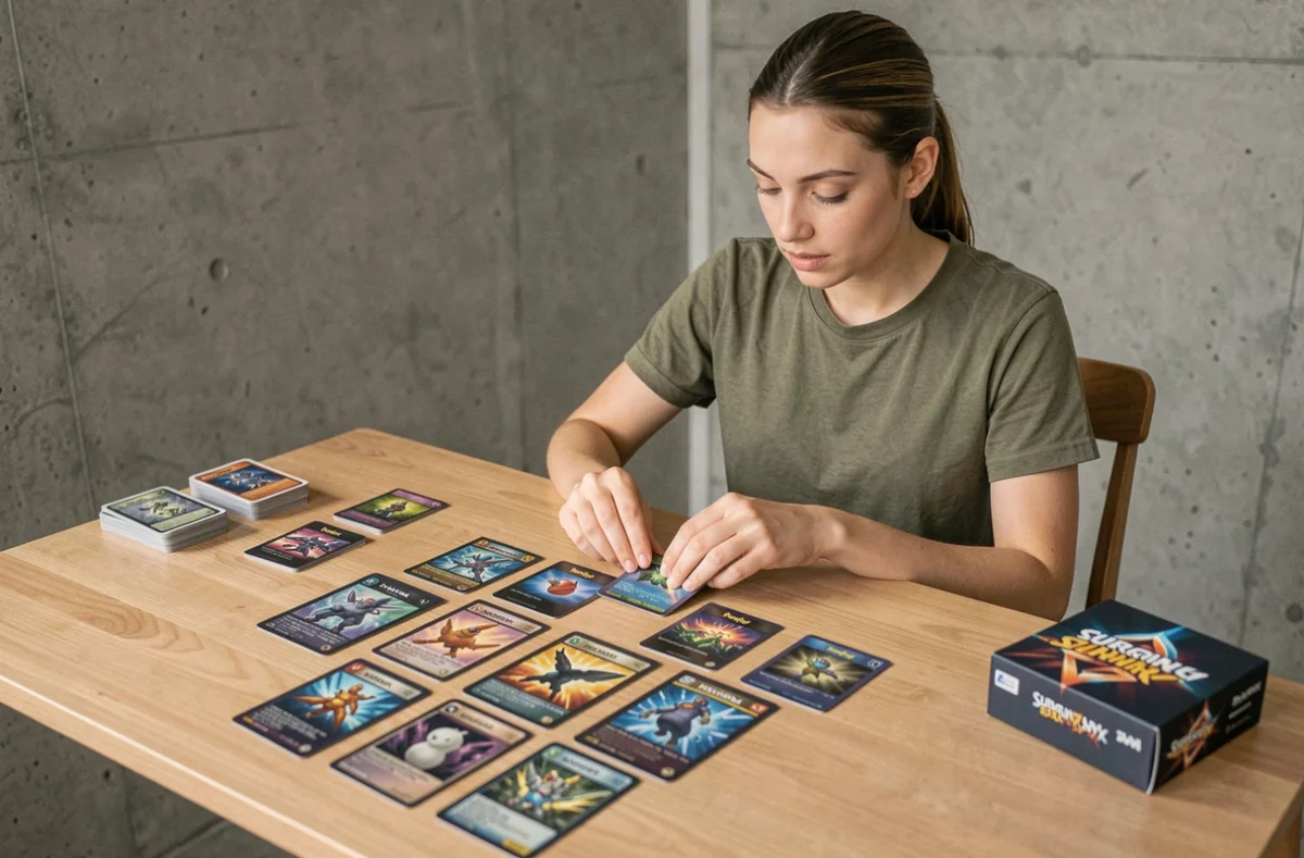 Jeune femme analysant des cartes Pokémon Étincelles Déferlantes étalées sur une table en bois dans un appartement moderne