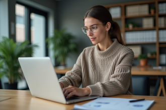 Jeune femme professionnelle analysant des données sur son ordinateur