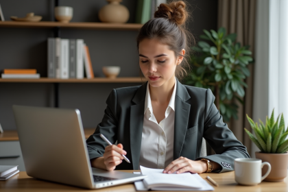 Jeune femme au bureau analysant des données sur son ordinateur