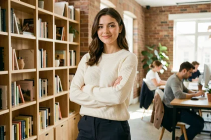 Femme confiante en pull crème dans un espace de coworking moderne, incarnant l'assurance et la confiance en soi