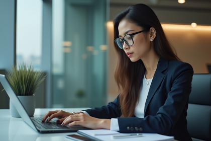 Jeune femme regardant graphiques crypto sur son ordinateur