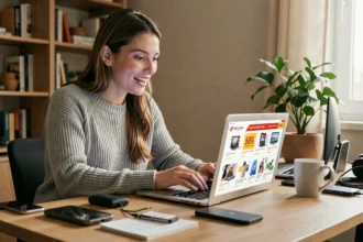 Femme en pull gris naviguant sur un site de ventes Cyber Monday sur son ordinateur portable dans un bureau à domicile moderne