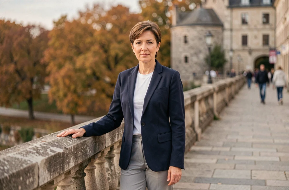 Femme déterminée sur un pont en pierre au bord d'une rivière en automne, symbolisant la confiance en soi et l'assurance personnelle